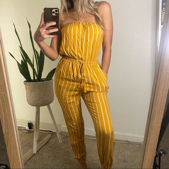 yellow striped jumpsuit with tie waistline - Picture 3 of 3